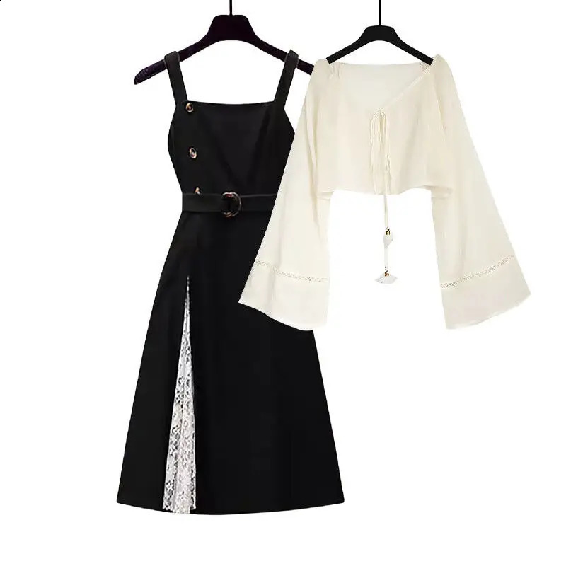 Spring and Autumn Season Set Womens Korean Edition Slimming Cardigan Black Slippery Dress Two Piece Trendy 240729