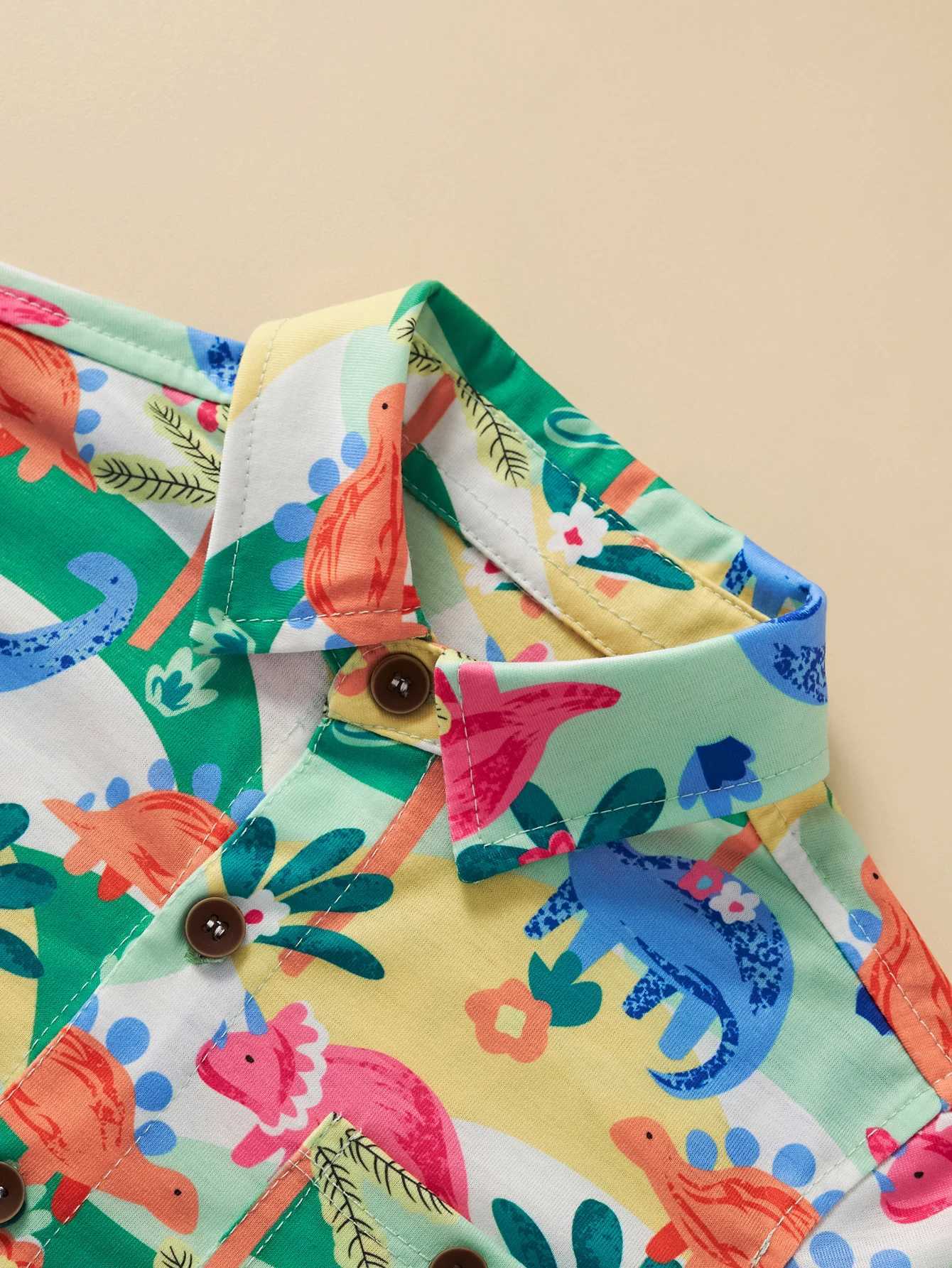 Boys casual color contrast short sleeved cartoon dinosaur full body print summer fashionW240729