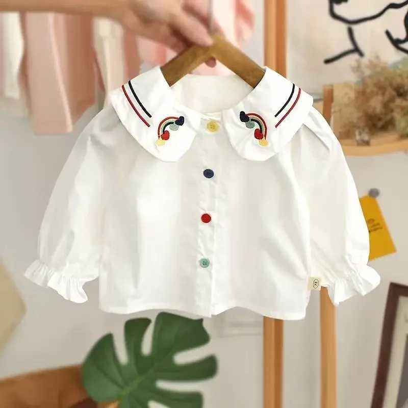 Girls Shirt Spring/Summer 2023 New Polo Neck Cotton Long sleeved White Shirt Girls Childrens TopW240729