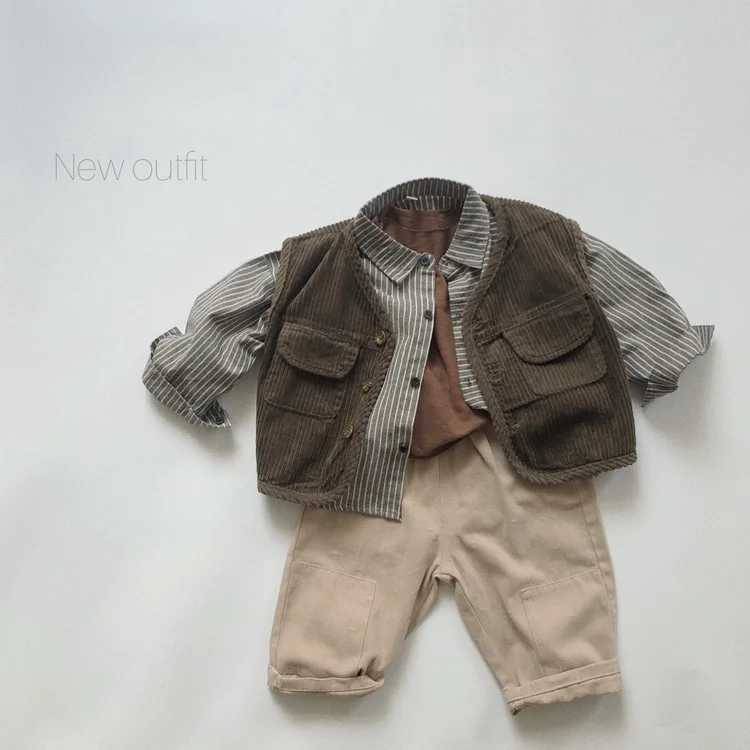 Autumn new childrens long sleeved lapel shirt baby boy linen cotton casual top fashionable girl striped loose jacket childrens clothingW240729