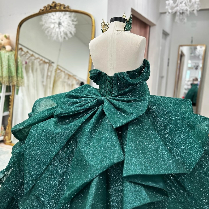 Emerald Green Off Shoulder Sparkly Quinceanera Dresses Ball Gown Crystal Tulle Formal Princess Birthday Party Vestidos De 15 Anos