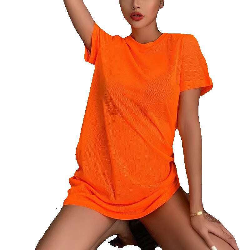Fashionable Summer Womens Sexy Hollow Out Square Grid Spicy Girl Style Fluorescent Base Shirt Top T-shirt Waist Self-cultivation Round Neck Dress Silk