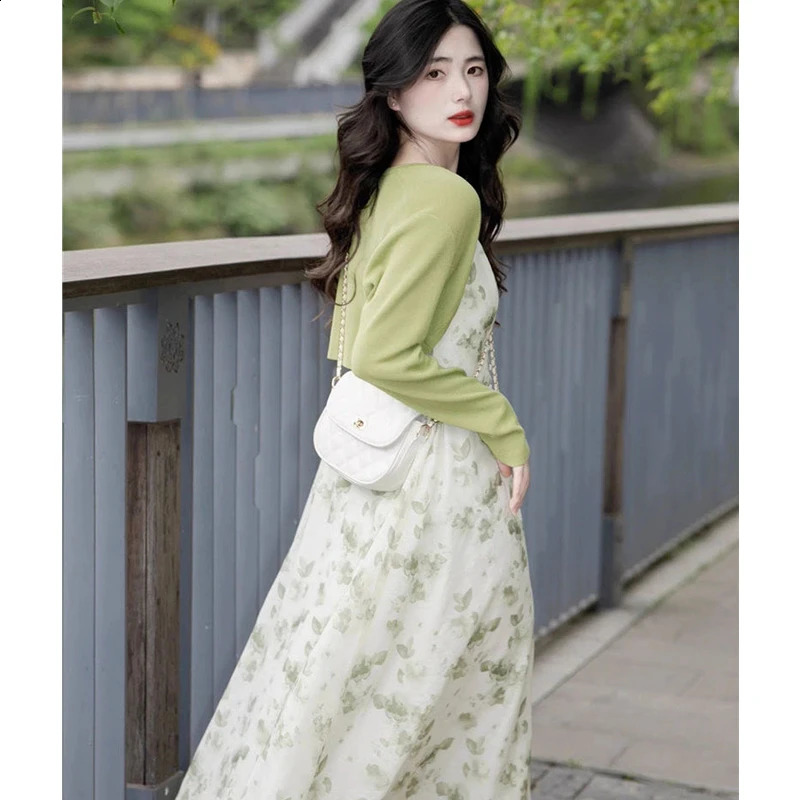 Women Summer French Print Chiffon Dress Knit Shirts Two Piece Set Lady Beach Travel Clothing Korean Dresses Suits 240729