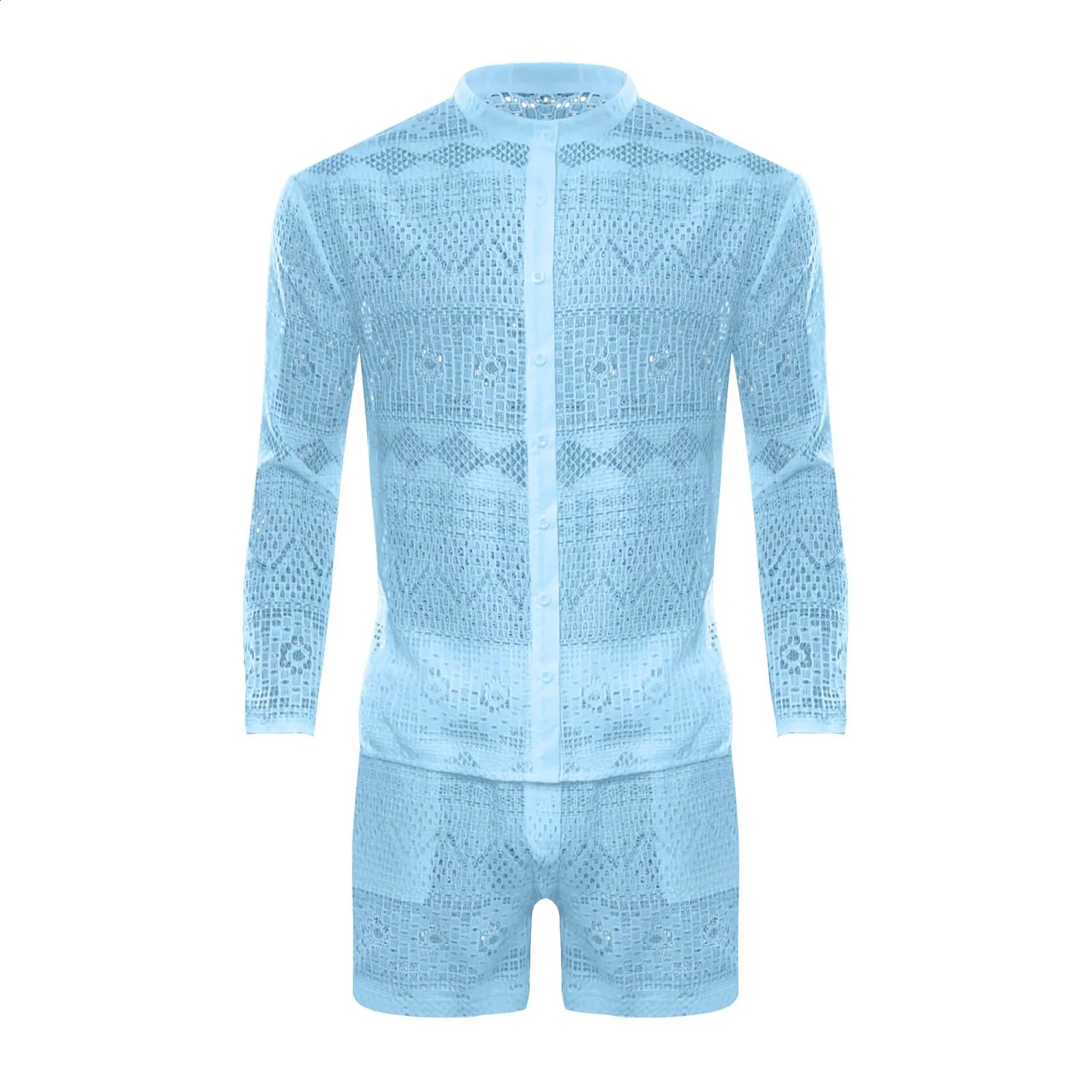 Summer mens sexy and fashionable twopiece solid color lace dress worn through hollow short sleeves loose pocket shorts set 240729