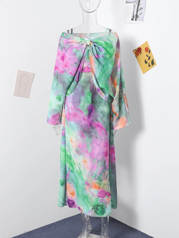Bow Sling Print Top Two Piece Set Women Elegant Off Shoulder Lady Dress Suit Fashion Spring Hip Package 240729