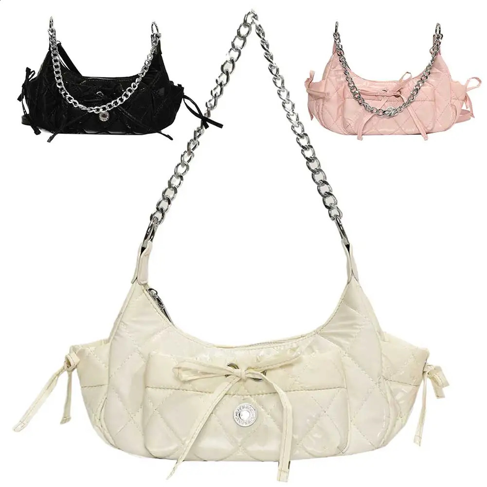 Rhombus Chain Bowknot Shoulder Bag with Adjustable Strap Y2K Purse PU Leather Fashion Handbag Everyday for Women and Girls 240729