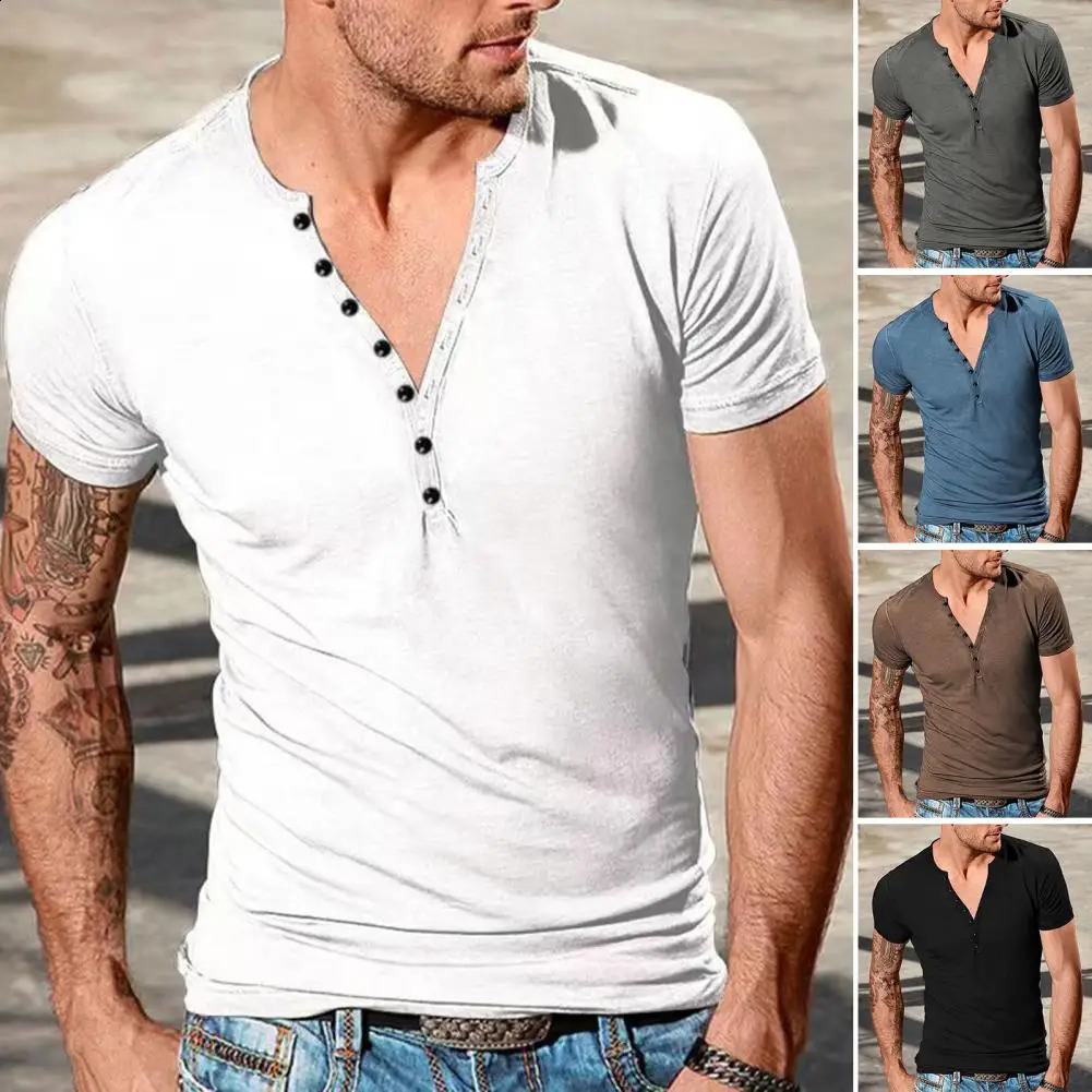 V-neck short-sleeved men's T-shirt button half open thin summer T-shirt solid color elastic men's blazer street casual wear240730