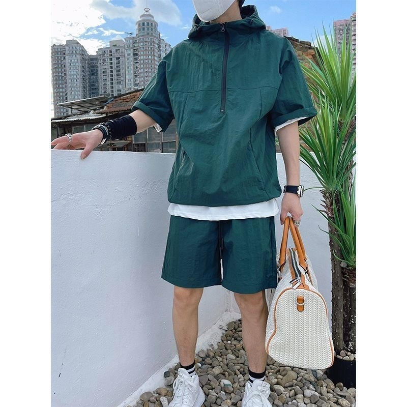 Summer Product Style Set Mens Casual Hoodie Solid Short Sleeve Tshirt Loose Fashion High Quality Handsome Sportswear y240729