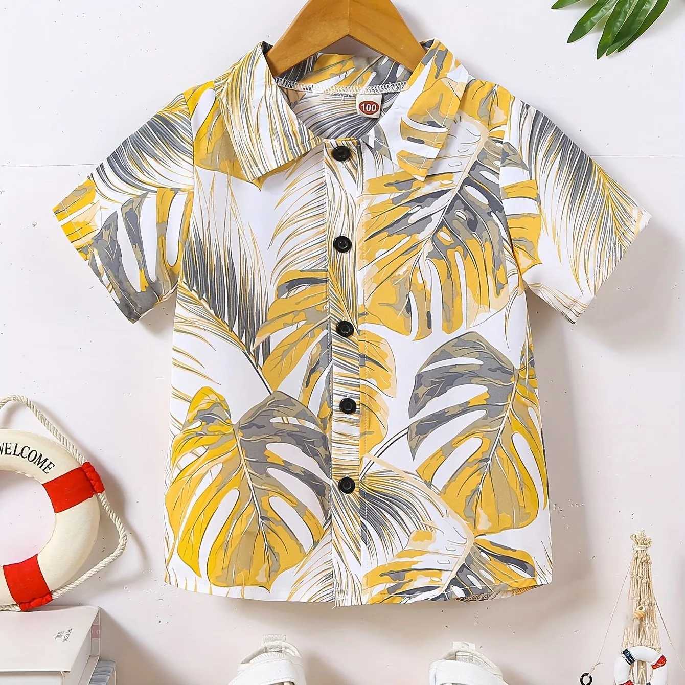 2024 Childrens Clothing Boys Summer Beach and Palm Tree Theme Graphic Full Print Shirt Casual Lightweight Short Sleeve TopW240729