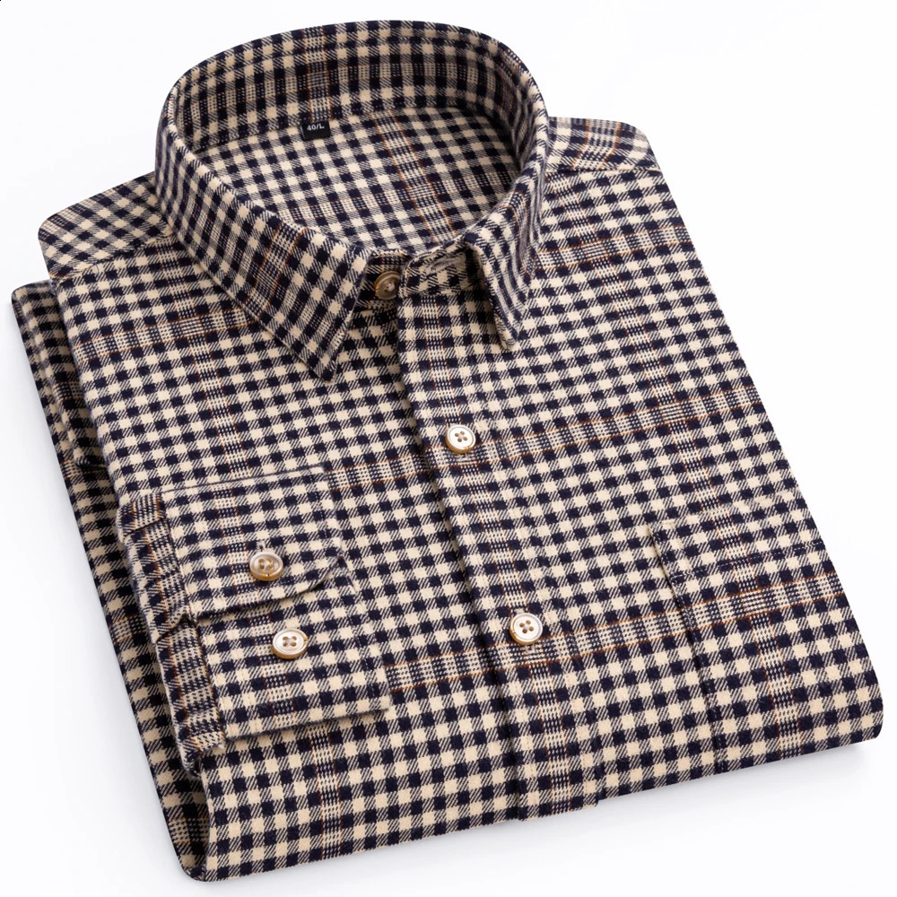 Mens Flannel Long Sleeve Premium Heavy Cotton Shirt England Style Casual Standard-fit Plaid Striped Thick Soft Brushed Shirts 240729