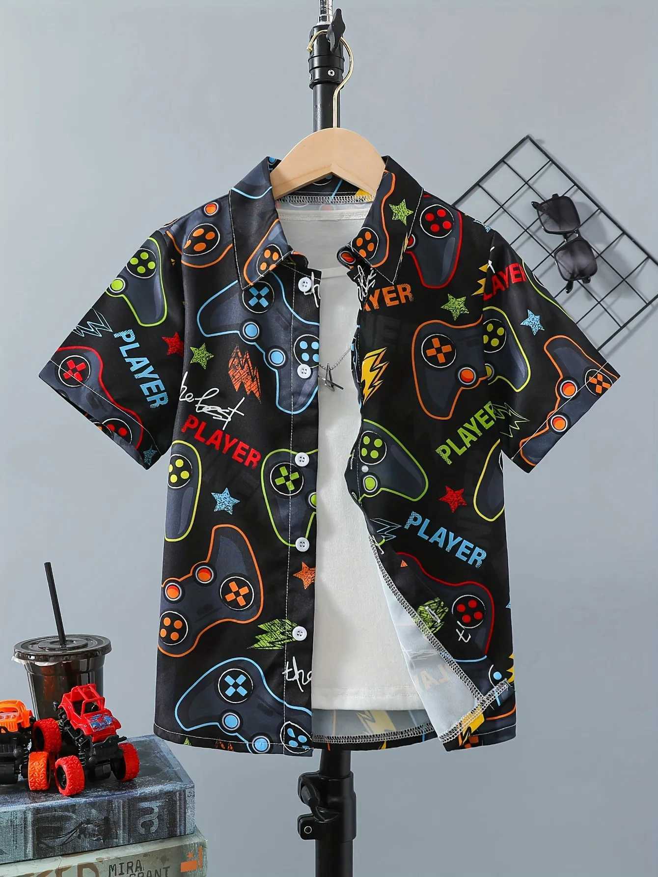 Childrens clothing boys game board patterns fashionable shirts childrens clothing casual short sleeves creative summer tops with collarsW240729