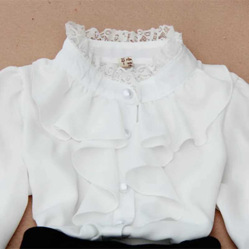 Spring/Autumn 2024 2-16 Y Chiffon Lace Baby Big Girl Shirt White Dress Childrens Long Sleeve School Girl Shirt Childrens Top JW0263W240729