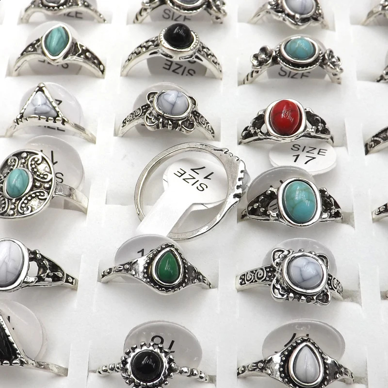 XiaoTYM 50 antique silver vintage style rings with mixed stones suitable for women 240723