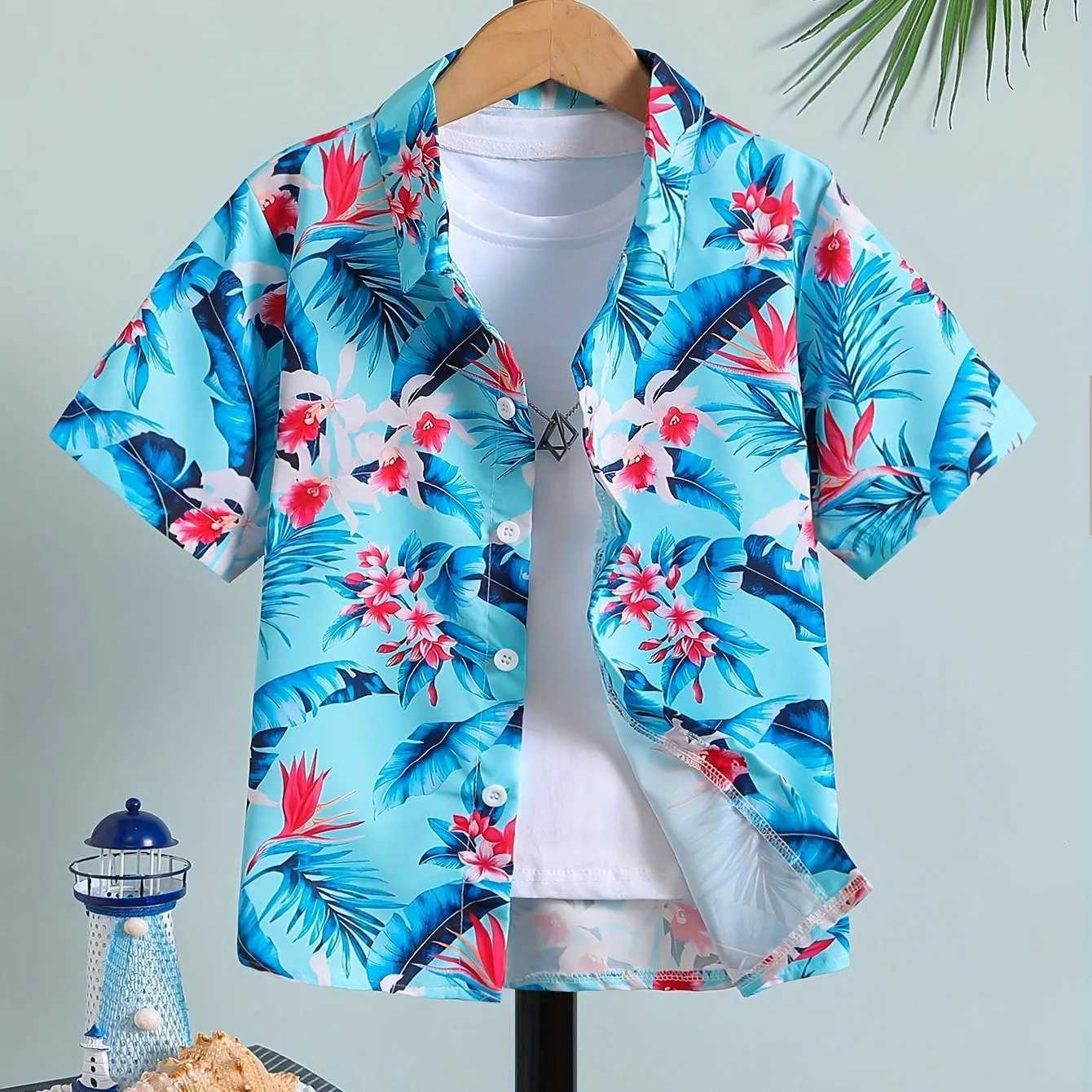 Boys fashionable shirt breathable and durable childrens casual short sleeved tropical pattern front button summer beach topW240729