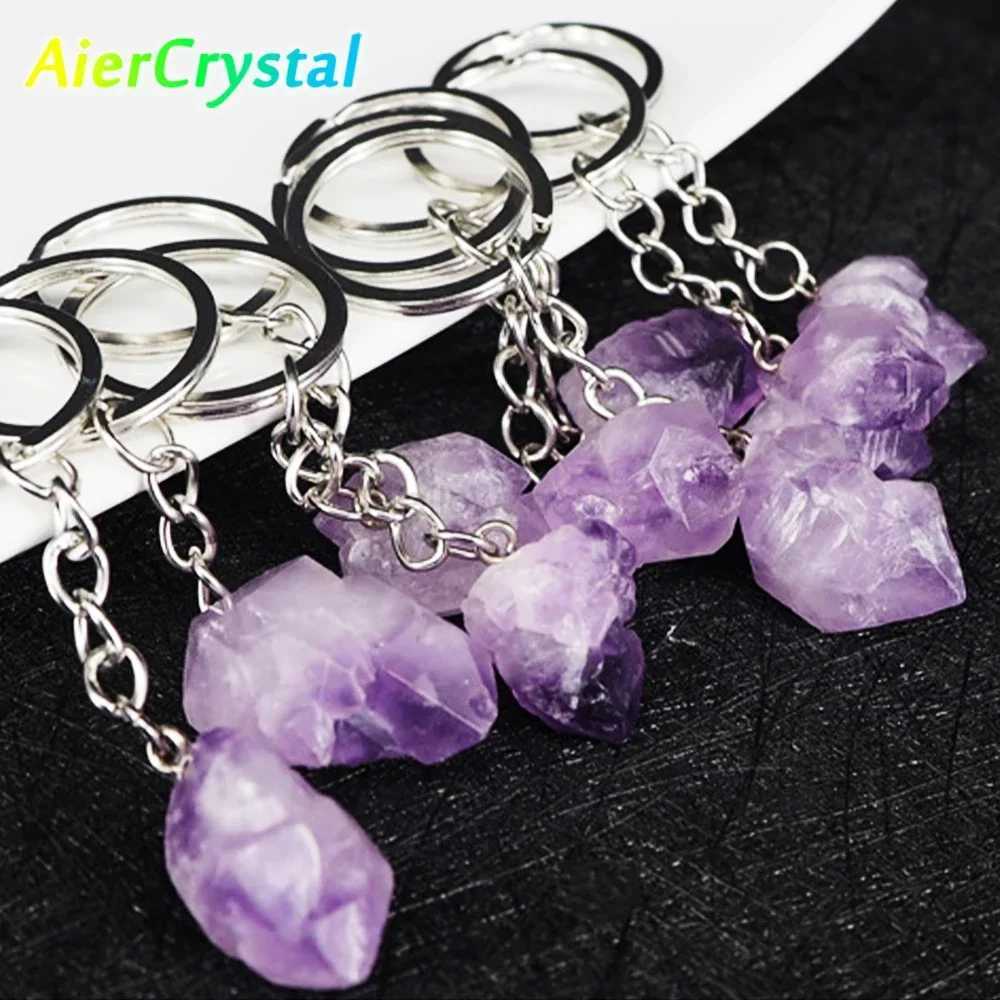 Natural Amethyst Flower Keychains Crystal Healing Stone Keychain Irregular Rough Quartz Reiki Healing Gemstone Dangle PendantL240729