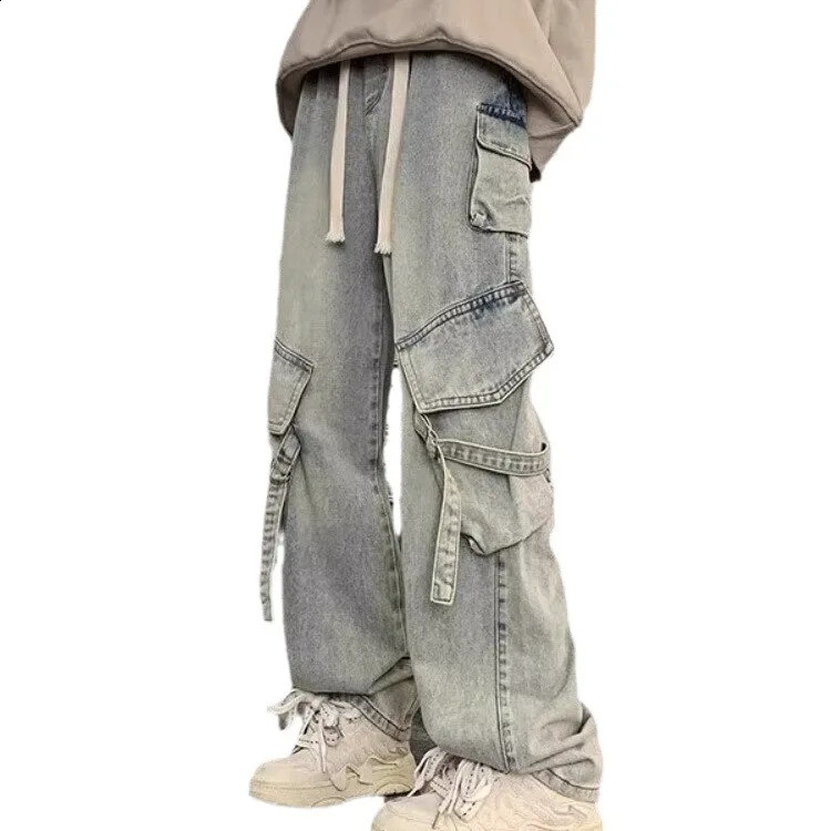 Mens Y2k Jeans Spring American Retro Bagged Jeans Wash Wide Leg Straight Jeans Street Clothing Denim Mens Trousers 240829