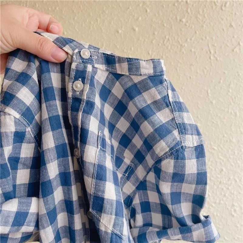 Summer new childrens shirt 2022 boys solid color striped washed cotton shirt baby stand collar short sleeved shirtW240729