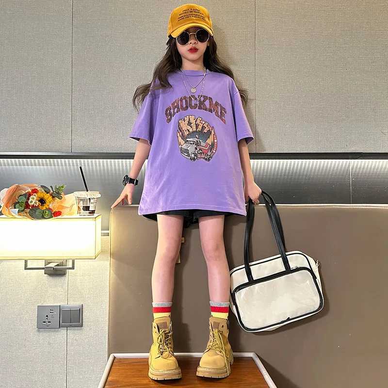 T-shirts New Summer Teens Girls T-shirts Cartoon Print Loose Cotton Tops tee Grey Purple Color Kids Clothes 8 10 12 yearsL24729