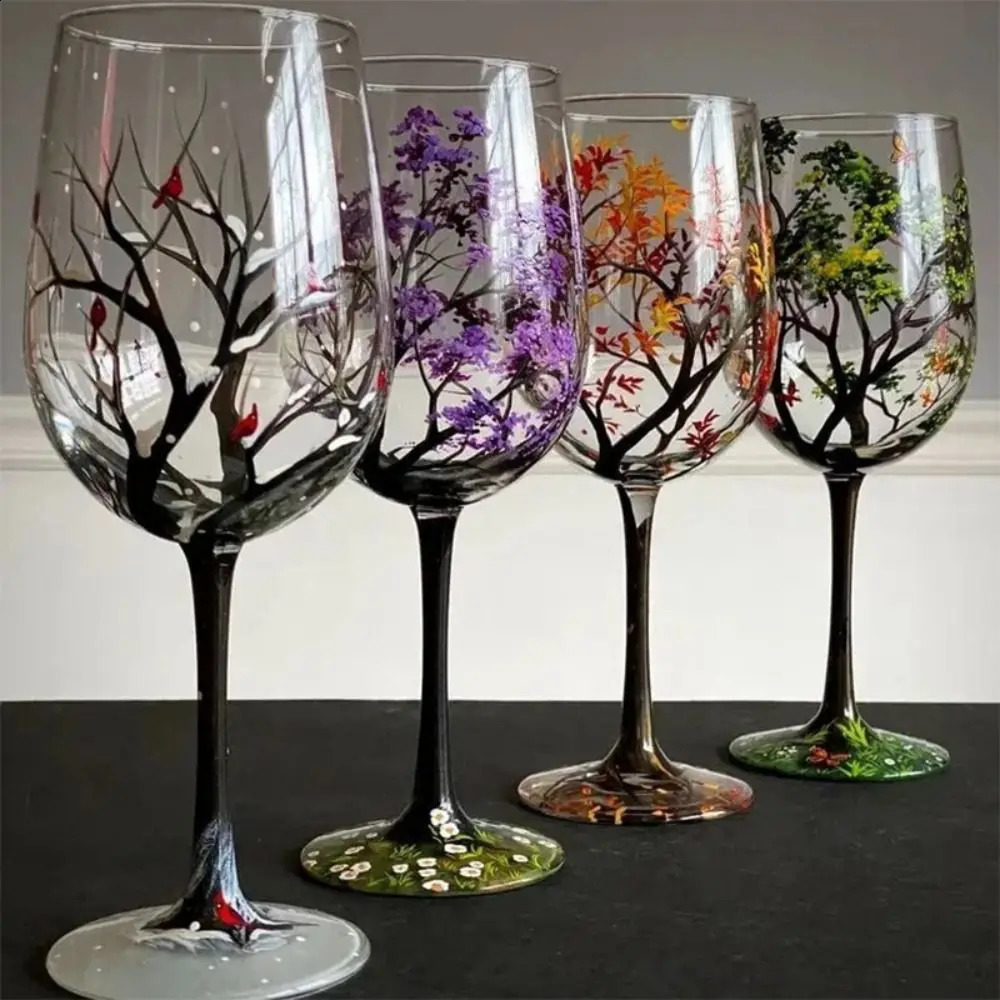 Update Four Seasons Trees Glasses Creative Printed High Legged For Wine Beer Cocktail Large Capacity Glass Cup Set 240729