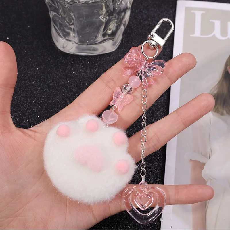 Cute Plush Cartoon Cat Claw Keychain Soft White Pink Key Ring Pendant Backpack Car Pendant Decoration Keyholder Lolita GirlsL240729