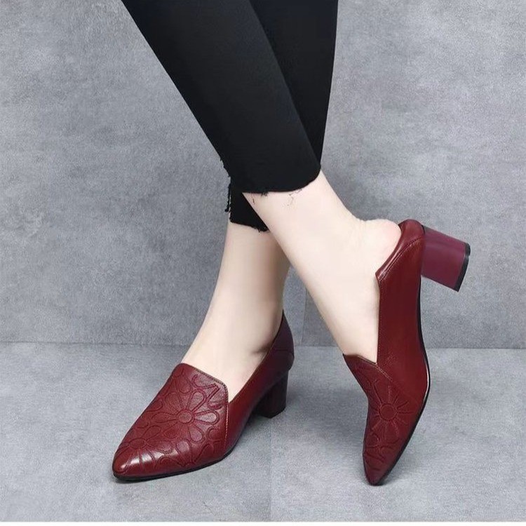 Soft soled pointed embroidered women's single shoes versatile new leather shoes high heels