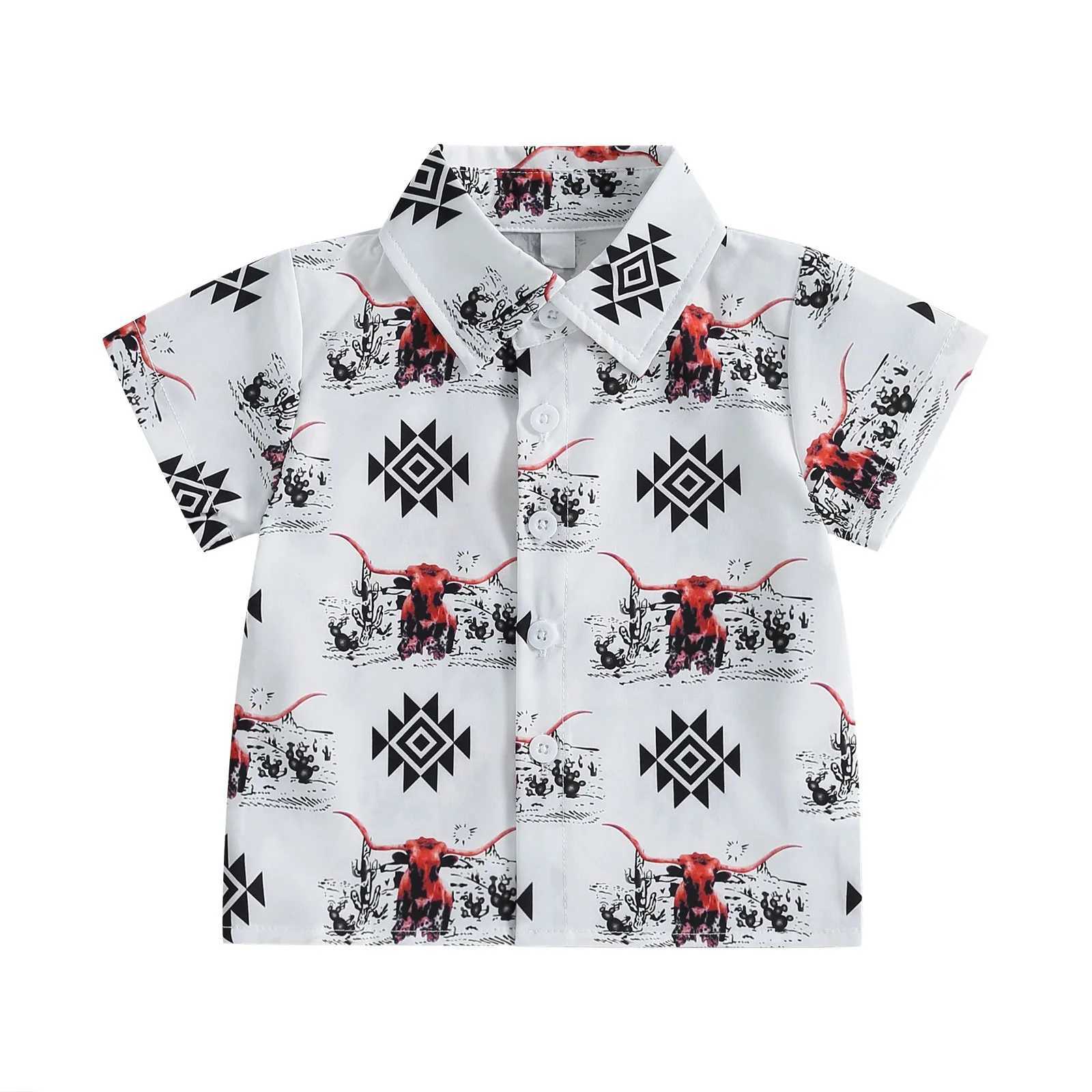 Childrens boys shirt Western style denim head print lapel fashion short sleeved summer casual fashion topW240729