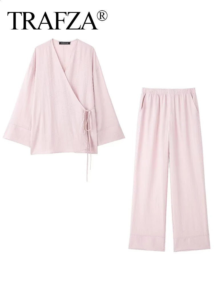 TRAFZA Women Solid Lace Up Textured Shirt Pants Set Long Sleeve Vneck ShirtsLoose High Waist Wide Leg Trousers Outfit traf 240801