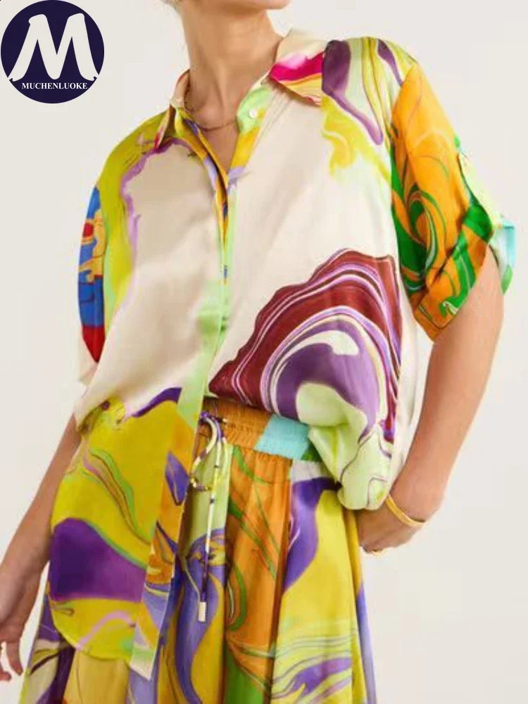 Elegant 2piece Sets for Women Summer Fashion Printing Half Sleeved Shirt Top Suits Casual Loose Lace Up High Waisted Skirt Set 240729