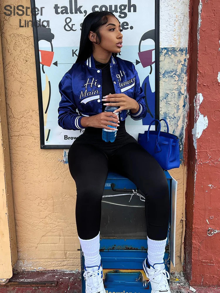 Sisterlinda Baseball Bomber Jacket Women Casual Letter Embroidery Winter Coat for Female Vintage Fashion Streetwear 240717