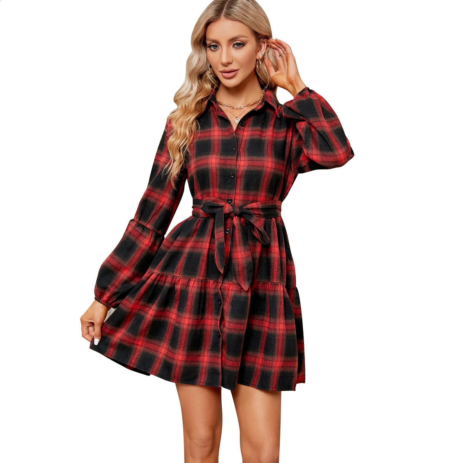 2024 Women Dress Spring Summer Long Sleeve Dress Female Single-breasted Plaid Dress Women Belt Pleated Dress Vintage Clothing 240729