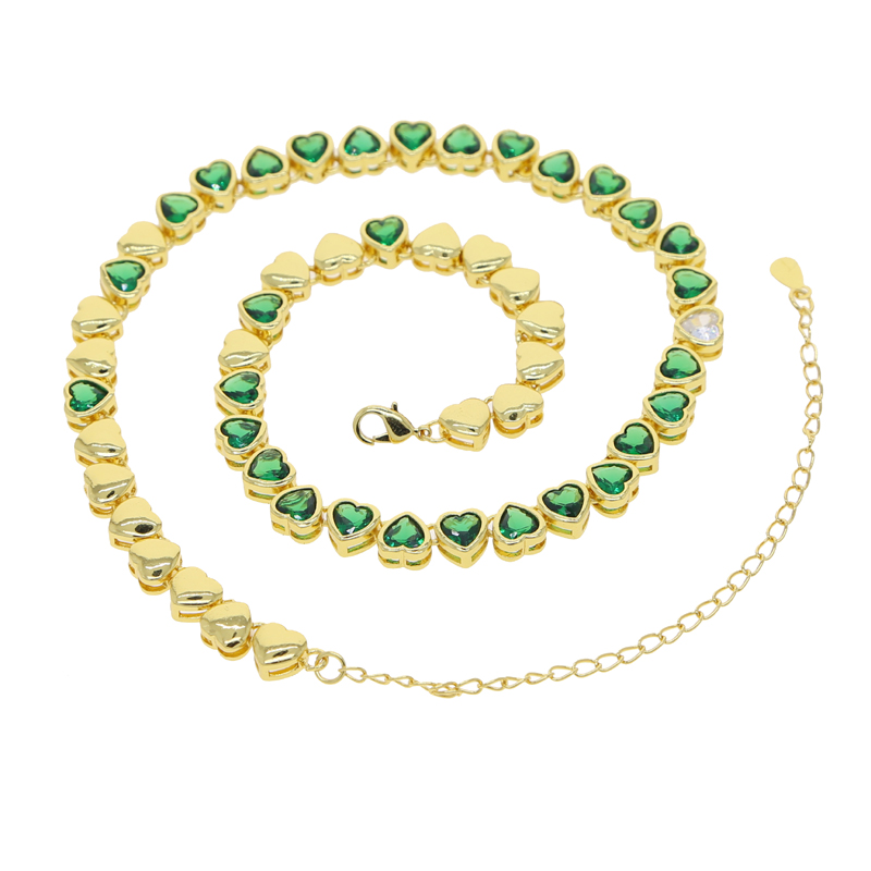 Valentine's Gift Bg Iced Heart Cz Choker Necklace for Women, Gold Color, Green Pink White Cubic Zirconia Tennis Jewelry