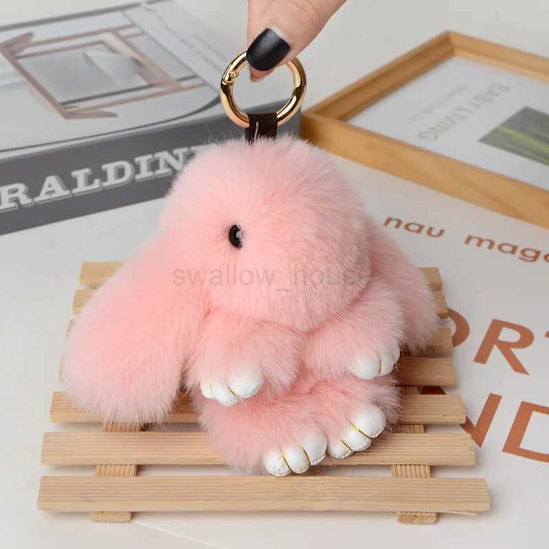 2023 Multicolor Rabbit Keychain Ring Fluffy Real Fur Pompon Bunny Trinket Key Chain Charm Cute Ring On Bag Car Key PendantL240729