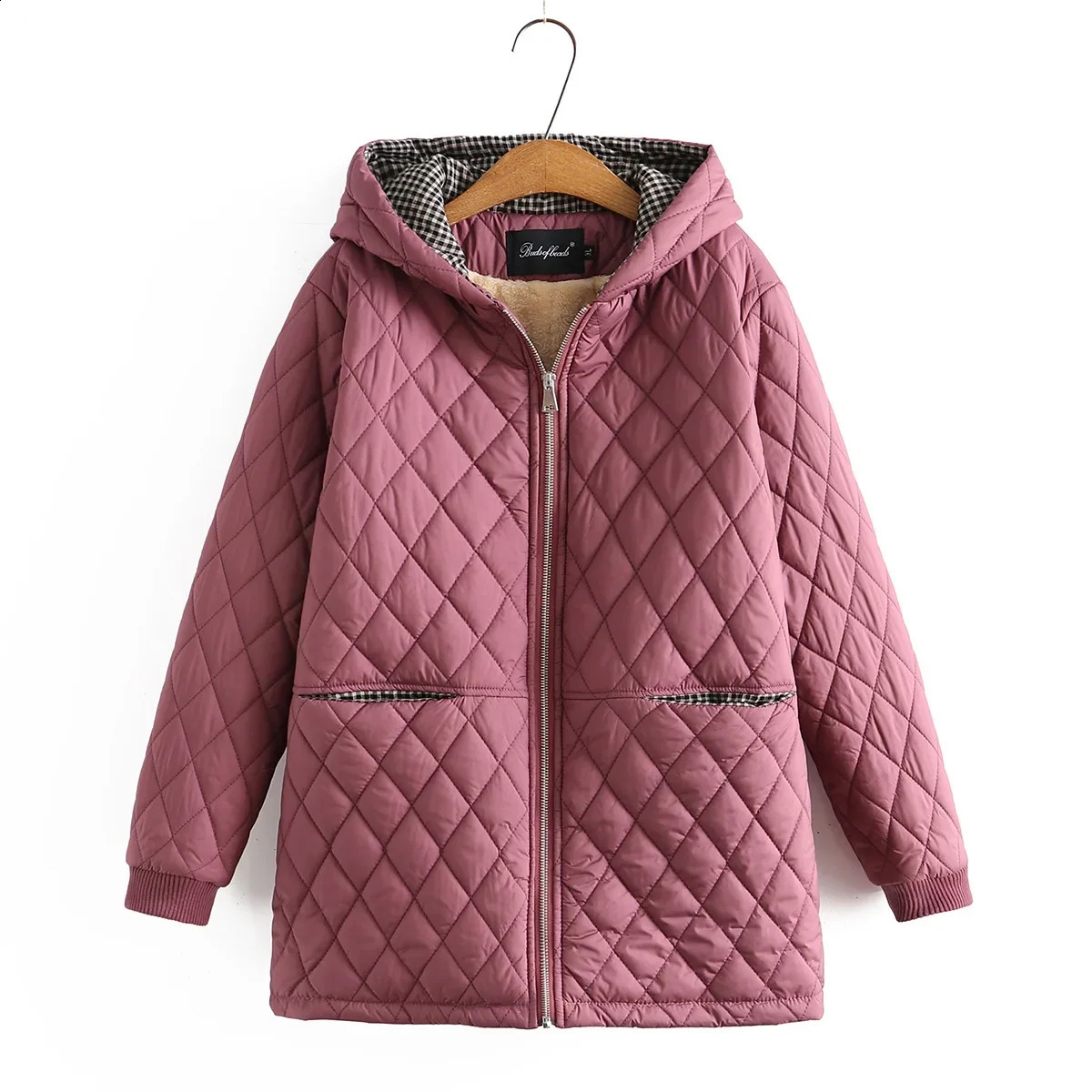 Plus Size Parkas Women Clothing Winter Middle Aged Wadded Jacket Hooded Argyle Thick Fleece Liner Warm Padded Coat RFEW 240729