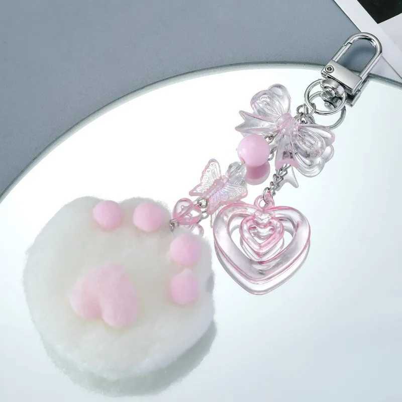 Cute Plush Cartoon Cat Claw Keychain Soft White Pink Key Ring Pendant Backpack Car Pendant Decoration Keyholder Lolita GirlsL240729