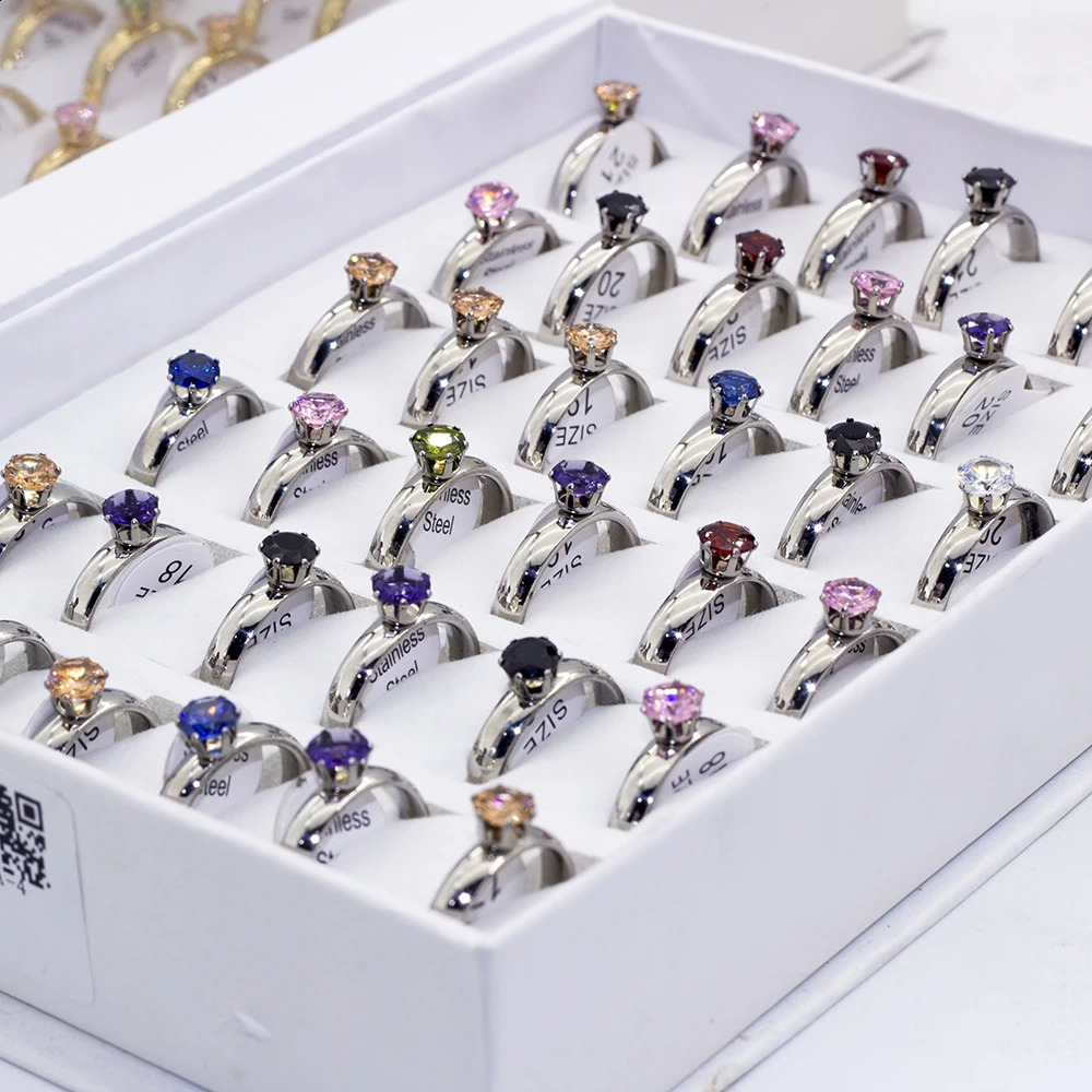 36 piecesbatch of fashionable colored crystal stainless steel rings suitable for mixed color wedding engagement jewelry women with box 240723