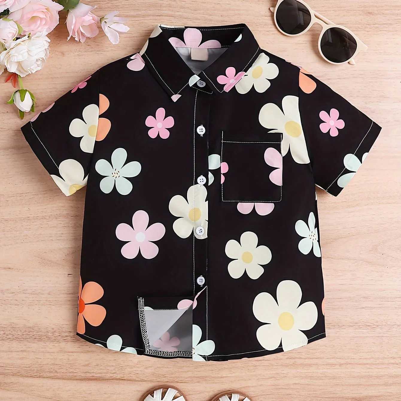 Girls cute sweet print style short sleeved shirt lightweight summer vacation top fashion collarW240729