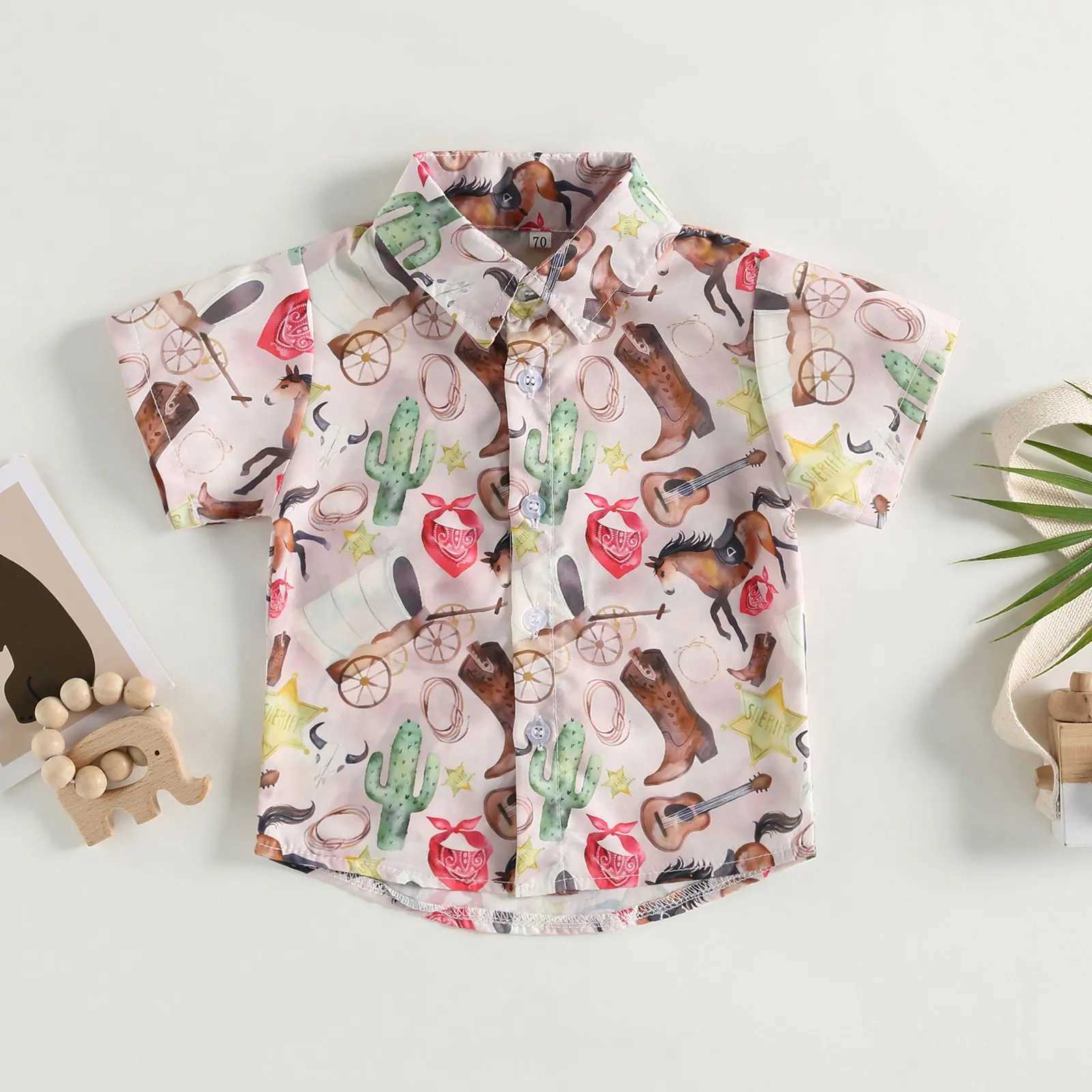FOCUSNORM 0-4Y Preschool Boys Western Gentlemans Summer Short sleeved Cartoon Cow Printed Button Down JacketW240729