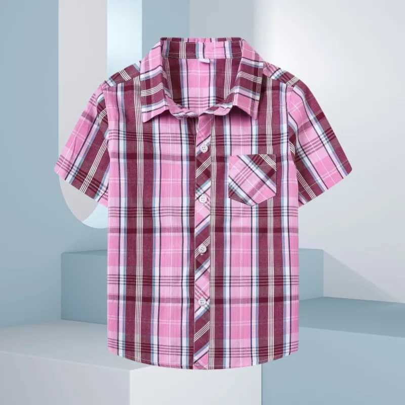 Childrens shirt boys and girls casual plain weave shirt retro outdoor short sleeved top collar shirt button design front pocket shirtW240729