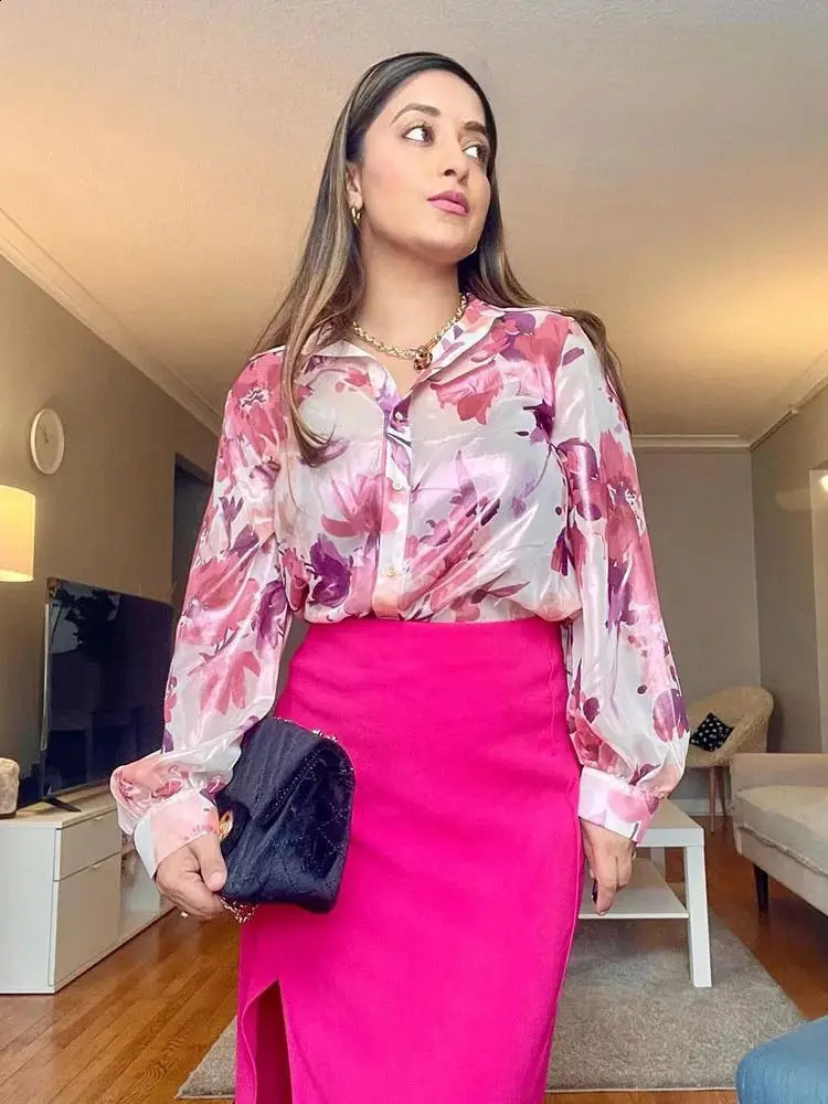 ZABA Womens Two Piece Floral Print Long Sleeve Single Breasted Casual Shirt Top High Waist ALine Pleated Skirt Set 240729