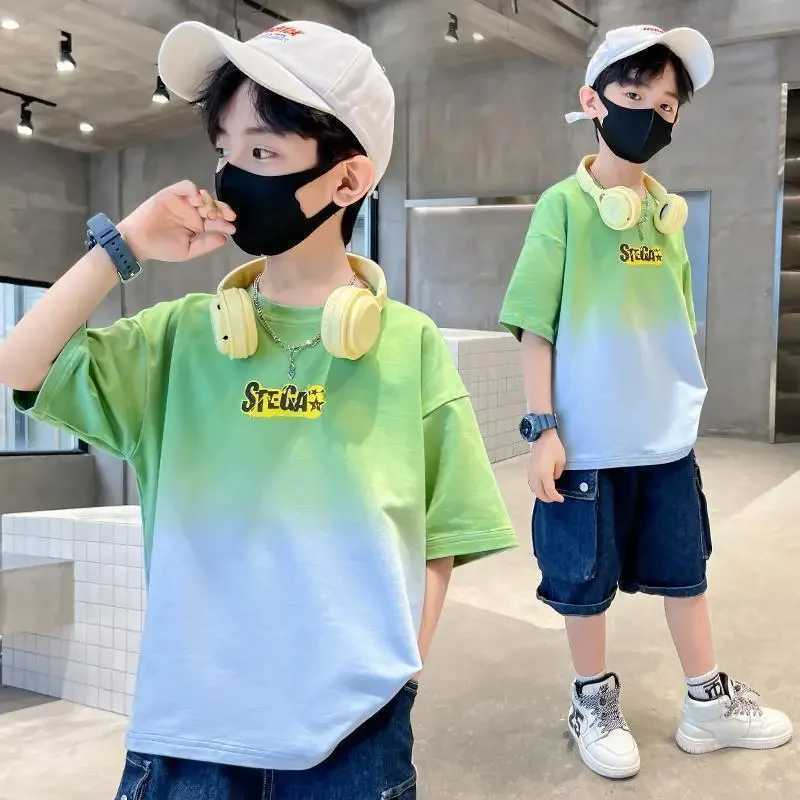 T-shirts Boys Summer Cotton Fashion Gradient Short Sleeve T-shirts 2023 New Youth Teenage 5-14 Years Boys Streetwear Outfits Tops ClothesL24729