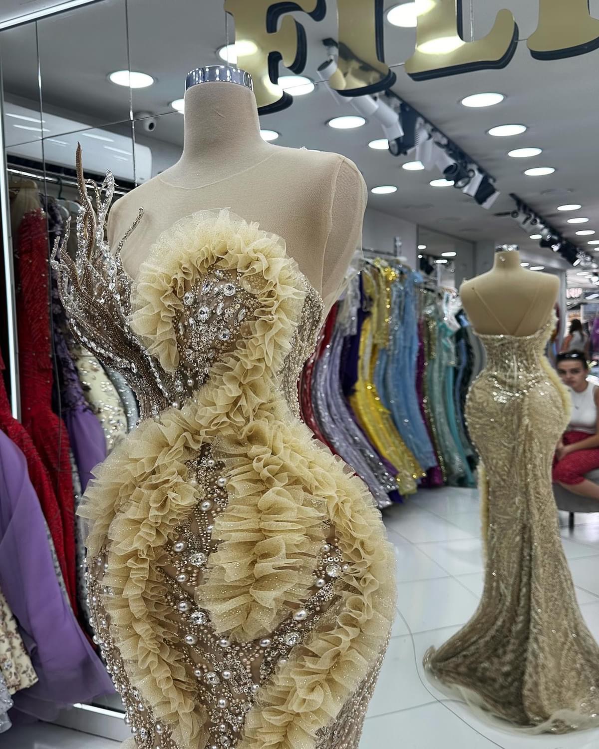 2024 Plus Size Gold Illusion Mermaid Prom Dress Lacefull Promdress Pearls Crystals Evening Formal Party Second Reception Birthday Engagement Gowns Dre