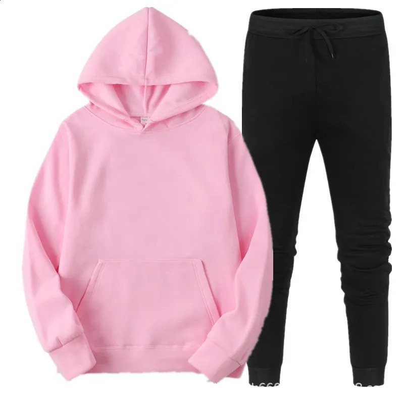 2024 womens mens suit solid color hooded suit mens and womens spring warm hoodie casual long-sleeved pants two-piece suit 240729