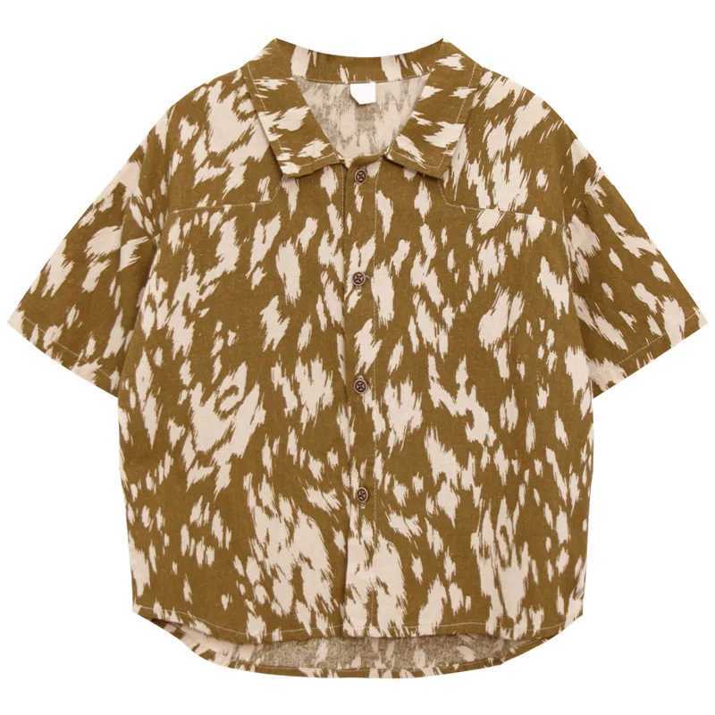 Childrens clothing boys short sleeved shirt summer 2024 Korean retro floral shirt casual simple childrens cotton shirtW240729