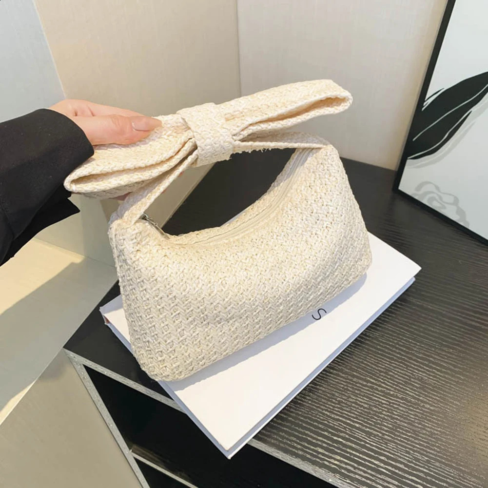 Knotted Summer Beach Bag Woven Bow Evening Clutch Handbag Solid Color Top Handle for Women Party Vacation Wedding 240731