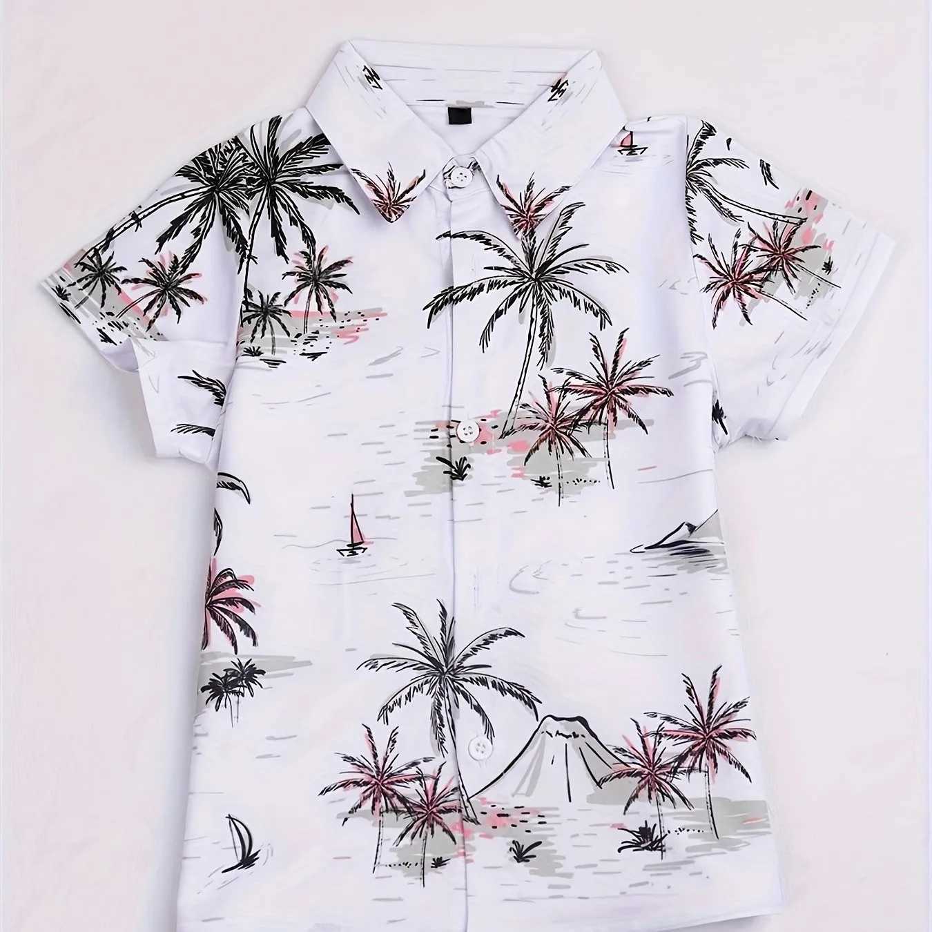 Beach coconut tree print boys creative shirt casual short sleeved lapel childrens shirt top boys summer outdoor clothingW240729