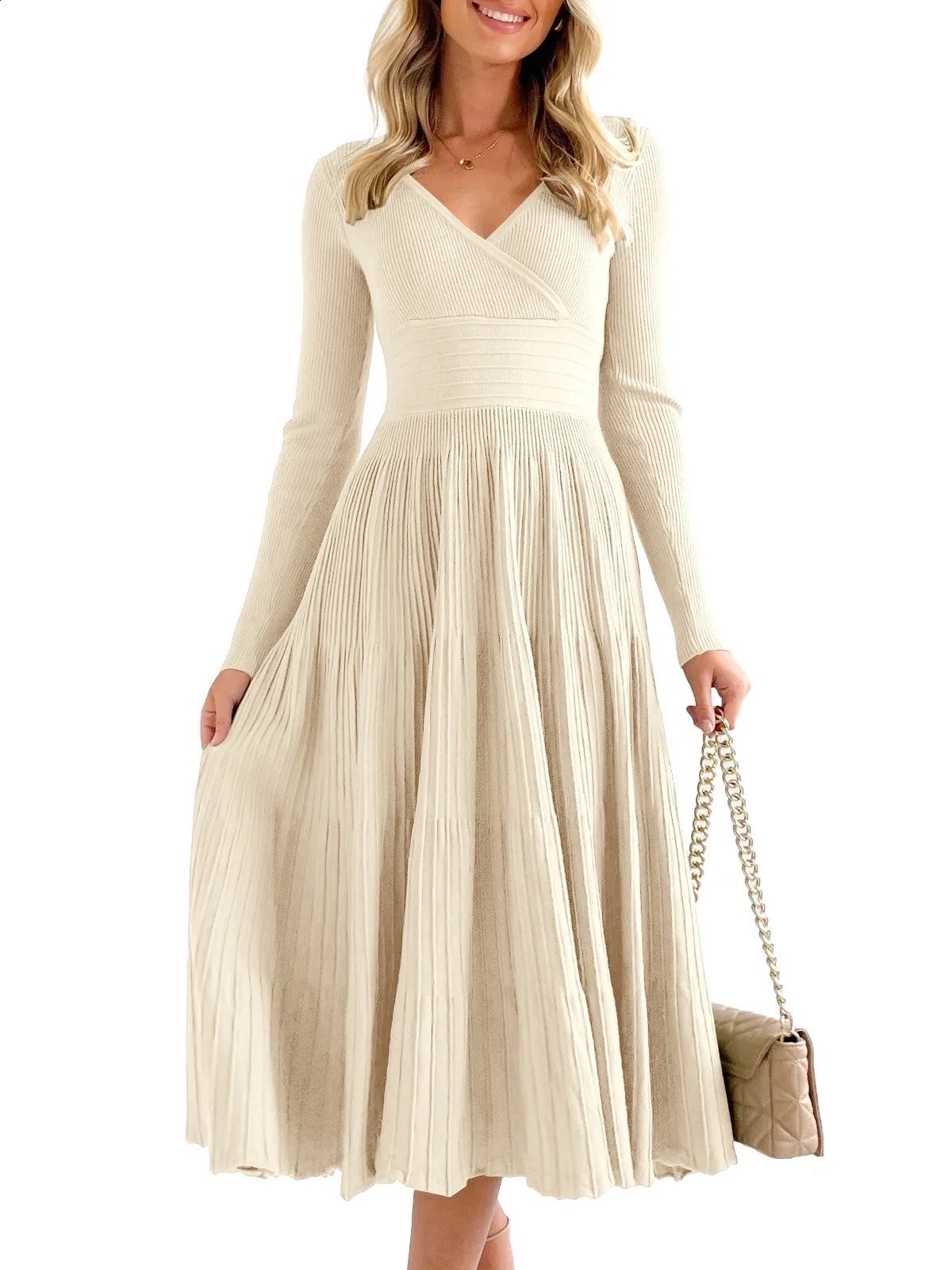 V Neck Elegant Knit Maxi Dress Office Lady Women Clothes Long Sleeve A-Line Pleated Sweater Dresses High Waist Slim Streetwear 240729