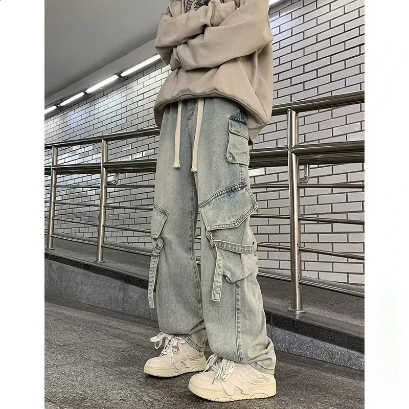 Mens Y2k Jeans Spring American Retro Bagged Jeans Wash Wide Leg Straight Jeans Street Clothing Denim Mens Trousers 240829