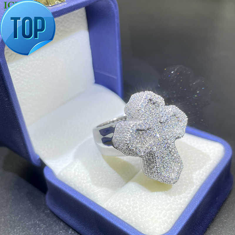 Custom Men's Jewelry: Iced-Out Moissanite Sterling Silver Cross Ring Featuring Shimmering Gemstones