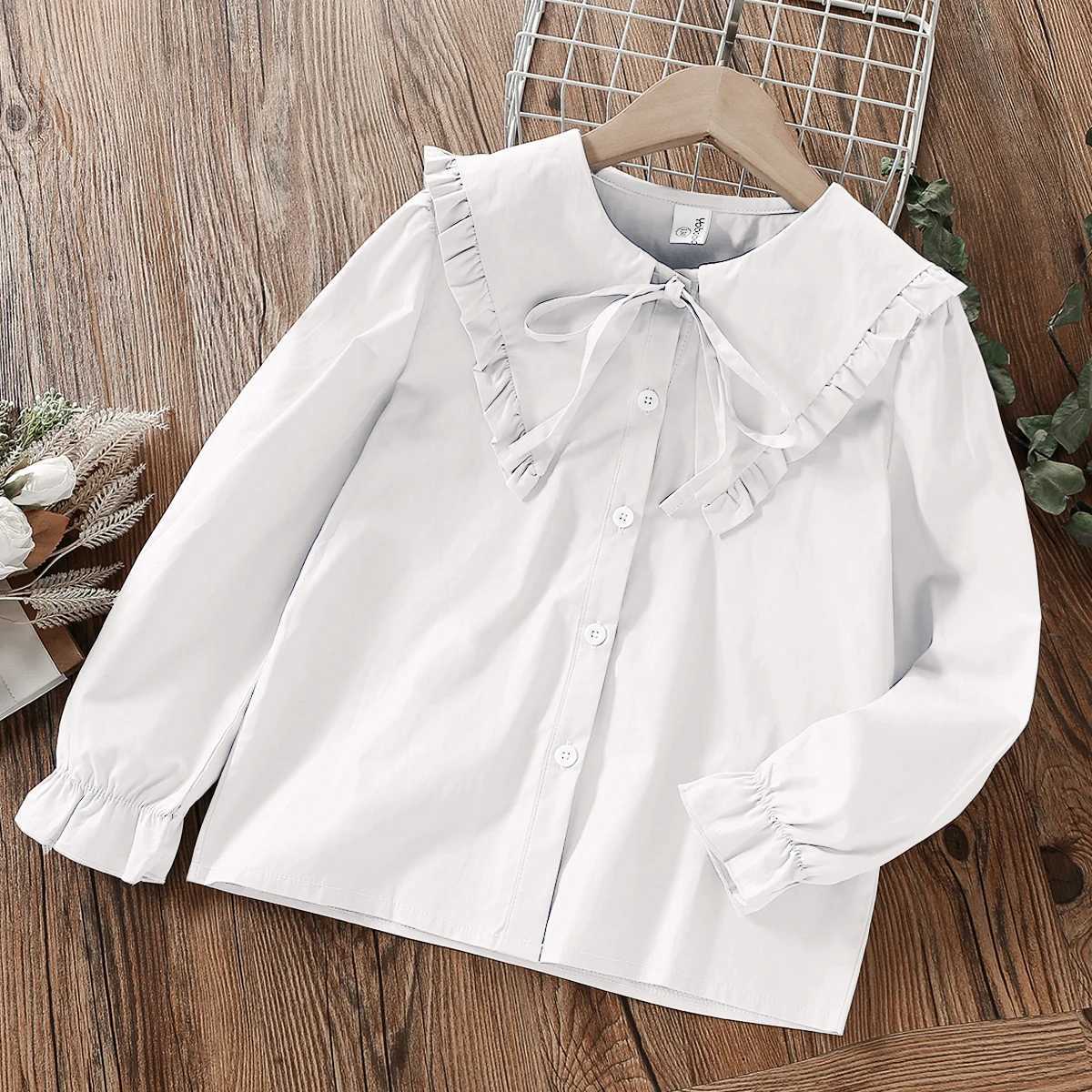Childrens pleated blue school girl shirt white spring autumn long sleeved youth and childrens clothing 6 8 10 13 years oldW240729