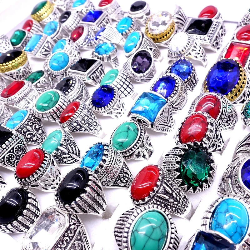 2050100 pieces of vintage silver plated rings suitable for wholesale mens gold fashionable fingers jewelry and glass stone 240723